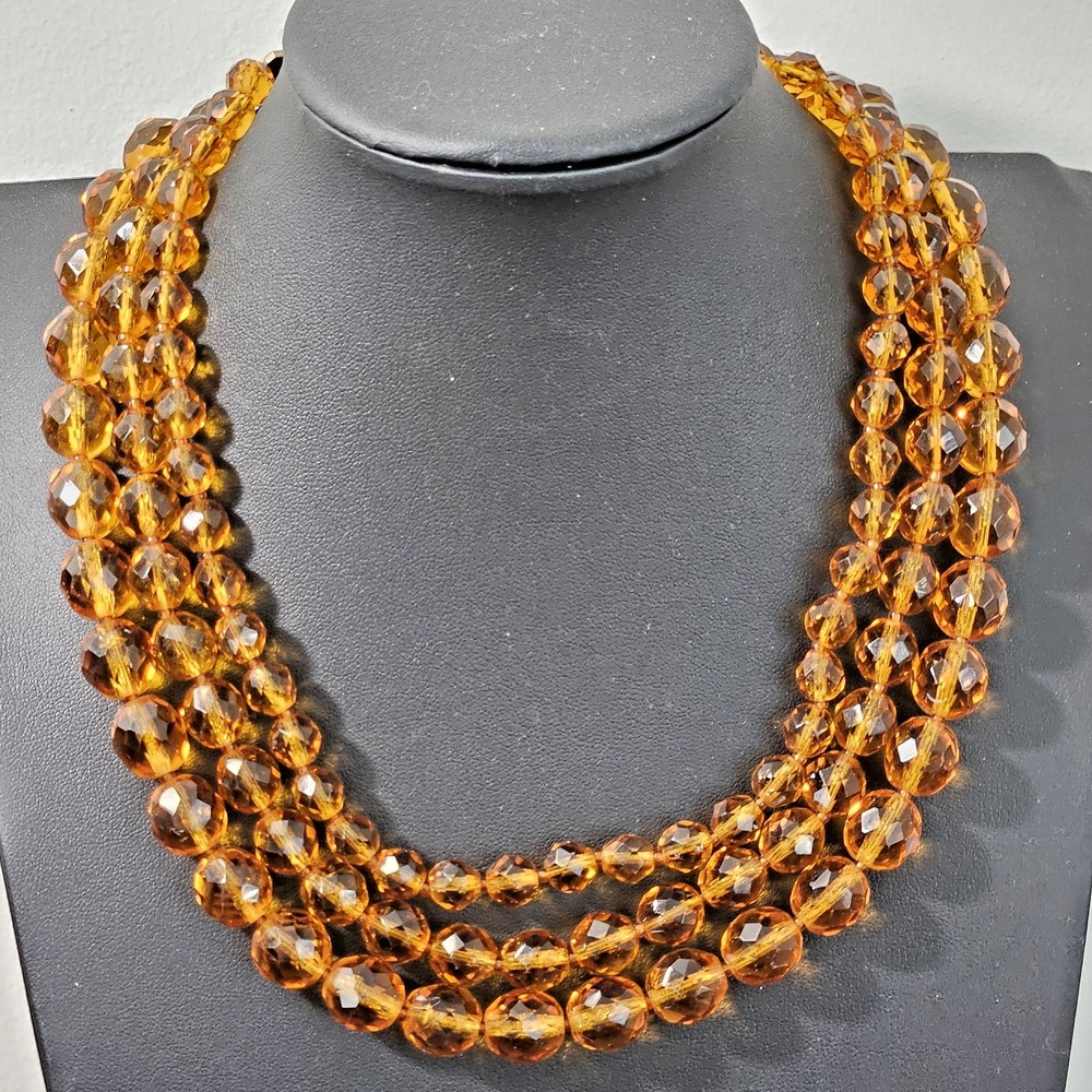 Vintage Faceted Glass Necklace 3 Strand Orange Beaded Hook Clasp 16"